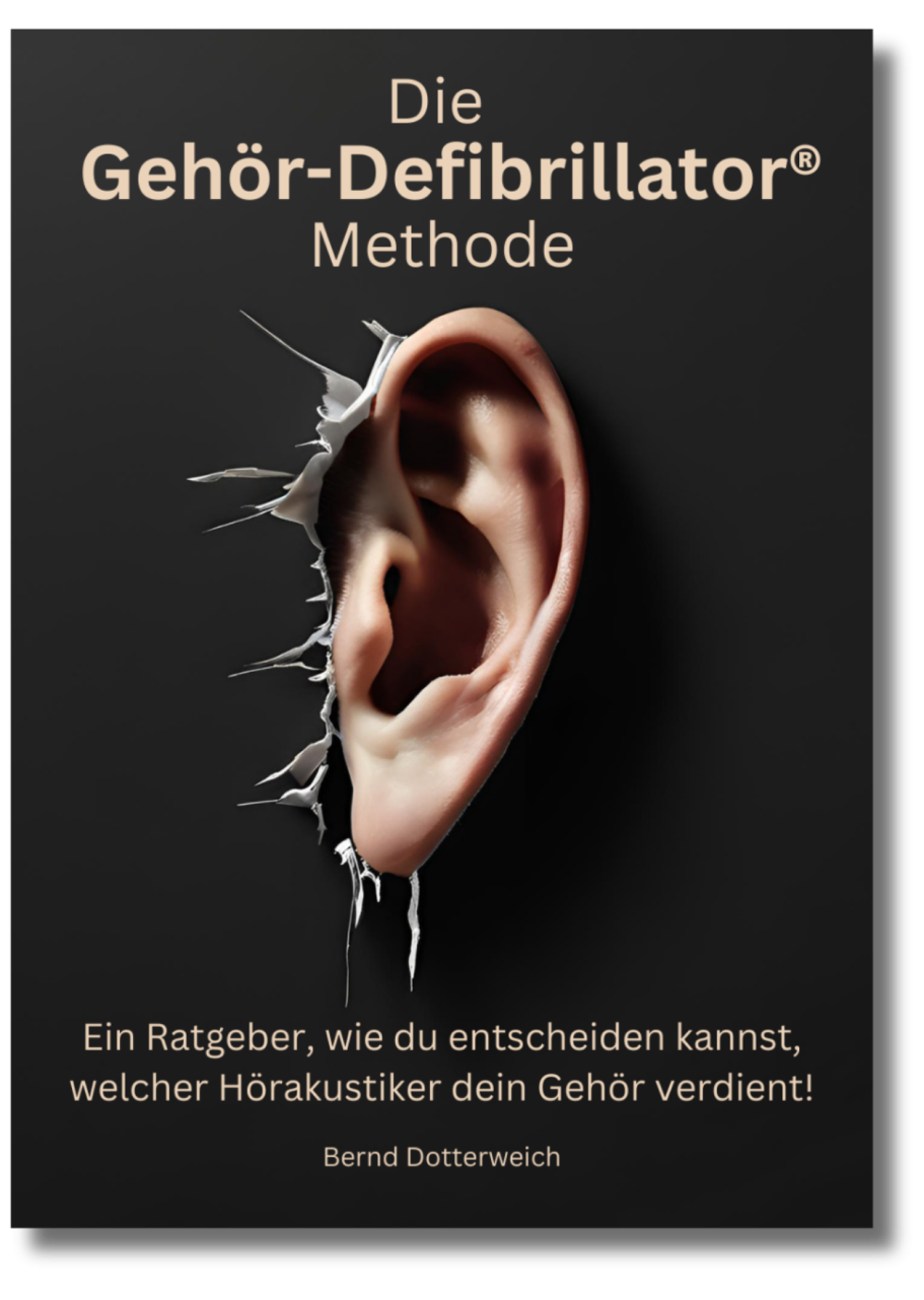 Cover eines Buches mit einem Ohr und dem Titel "Die Gehör-Defibrillator Methode".