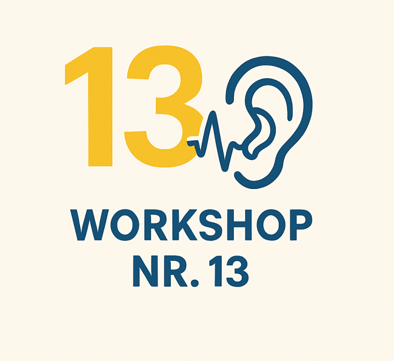 Workshop Nr. 13, mit einer Grafik von einer Ohr-Silhouette und einer Herzschlaglinse.