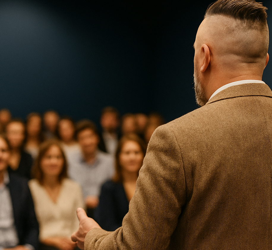 Ein Mann spricht vor einem Publikum in einem Konferenzraum.